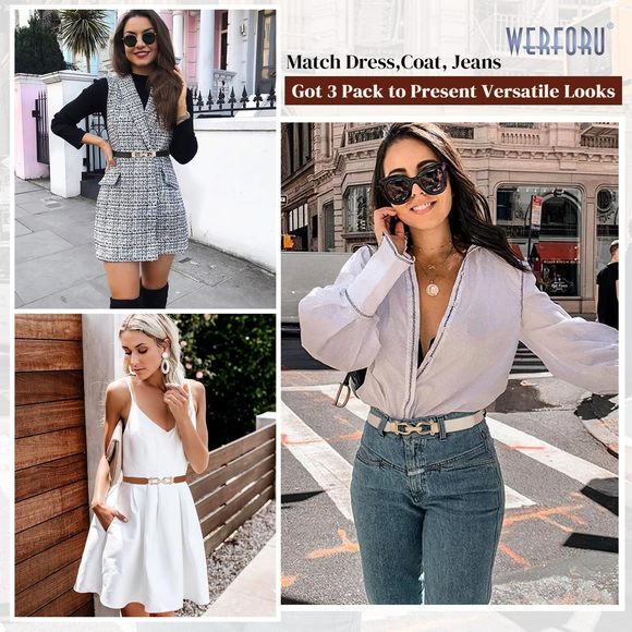 3 Pack Women Skinny Elastic Waist Belt Gold Buckle Stretchy Thin Belt For🌻